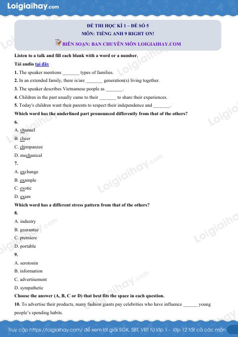 Đề thi học kì 1 Tiếng Anh 9 Right on! - Đề số 5